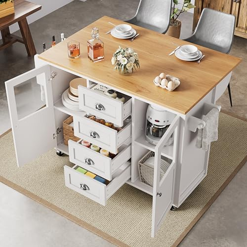Oslghy Isla De Cocina con Ruedas, Carro de Cocina con Mesa de Comedor Extensible, Mueble Auxiliar de Cocina con Mueble y Mesa, Buffet Cocina con Cajones y Puertas de Cristal, 120x73(45)x93cm (Blanco)