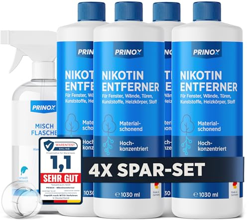 PRINOX 4x 1030ml Nikotinentferner Konzentrat inkl. Mischflasche | Ruß & Nikotin Reiniger für Fensterrahmen, Wände, Türen, Heizkörper, Kunststoff, Fliesen | Starker Fettlöser für Haushalt und Gastro