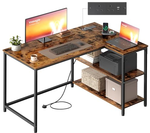 VASAGLE L Shaped Corner Desk, Computer Gaming Desk with Storage, Reversible Height-Adjustable Shelves, for Home Office, with Power Outlets 2 USB Ports, 110 x 80 cm, Rustic Brown LWD131KD02