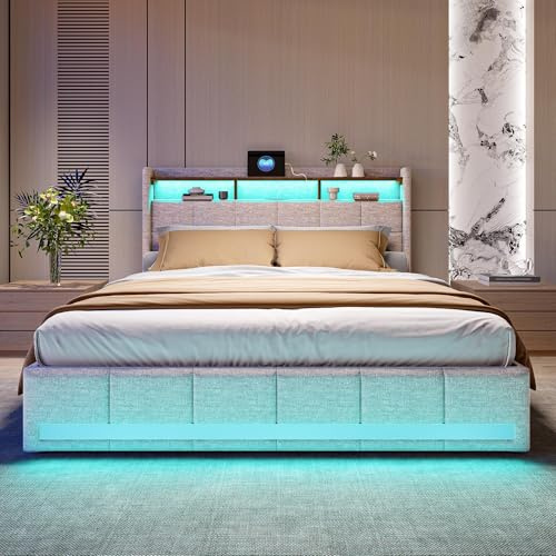 Letto matrimoniale 180 x 200 e rete a doghe, letto a molle 140 x 200, letto matrimoniale imbottito 160 x 200 cm, con spazio di archiviazione letti con 4 cassetti, LED e 2 USB,1 tipo C,Nessun materasso