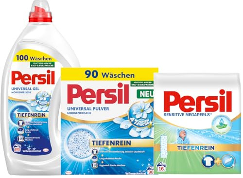 PERSIL Universal Pulver Morgenfrische 90 WL 4,95 kg + PERSIL Universal Kraft-Gel Morgenfrische 100 WL 4,5 L + Megaperls Sensitive 16 WL 1,04 kg – Schonendes Waschmittel Set für empfindliche Wäsche