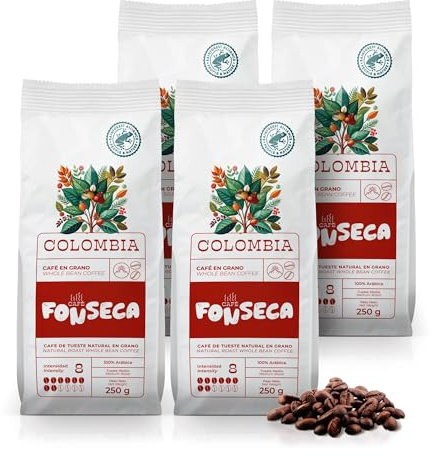 FONSECA Café Colombia en Grano Natural 1kg 100% Arábica | Café Colombiano de Origen Cafetera Superautomática y Automática, Intensidad 8 Certificado UTZ/Rainforest (4 Paquetes de 250g)