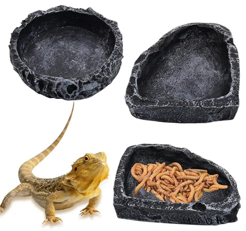 3 Pack Reptile Water Dish, Samll Snake Water Bowl, Leopard Crested Gecko Tank Accessories, Bearded Dragon Food Dish, Feeding Dish Kit for Tortoise, Lizard, Frog, Hermit Crab (Grey)