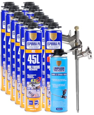 Set Completo de Espuma de Poliuretano - Incluye 12 Botes Espuma Poliuretano 750ml, 1 Pistola de Espuma Poliuretano y 1 Limpiador de Espuma 500ml
