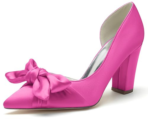 HFWXYSA Donna Décolleté Sposa con Tacco Largo Slip on Fiocchi in Raso A Punta Scarpe da Sposa da Festa,Fuchsia,38 EU