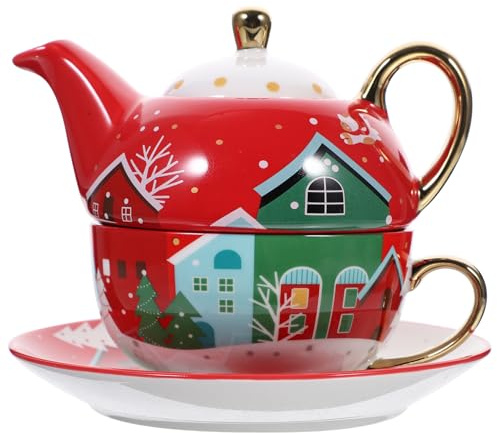 SMASOLO Set Teiera di Natale in Ceramica Tazza e Piattino Decorativi Tazza da Acqua Natalizia Compatta Manico Ergonomico Regalo Festivo per Uso Quotidiano e Scrivania