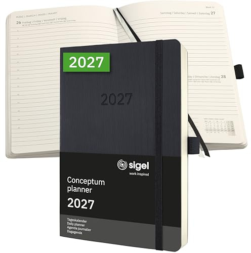 SIGEL Conceptum Terminplaner 2027 A5 Tageskalender Softcover schwarz | C2720, 400 Seiten, Chefkalender mit Gummiband, Stiftschlaufe und Archivtasche aus nachhaltigem Papier