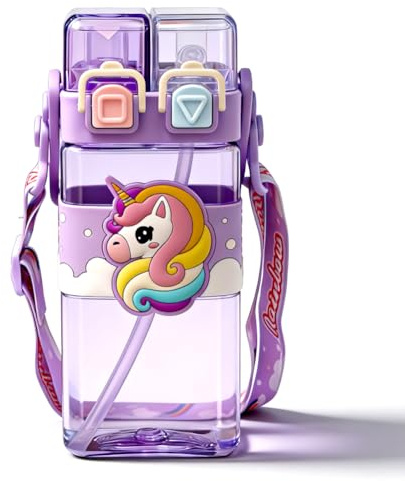 HATFRYF Unicorn Water Bottle with Straw, Unicorn Drinking Bottle Water Bottle Bottles with Straw and Adjustable Strap Double Drinking Leakproof Sports Bottles for School - 520ML