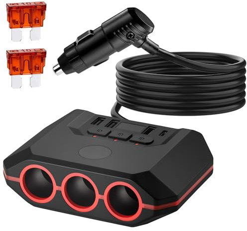 120W Car Cigarette Lighter Multi Socket, 7 in 1 Cigarette Lighter Splitter, 12/24V Car Charger USB Adapter For Smartphone, Camera, GPS & All Car Devices