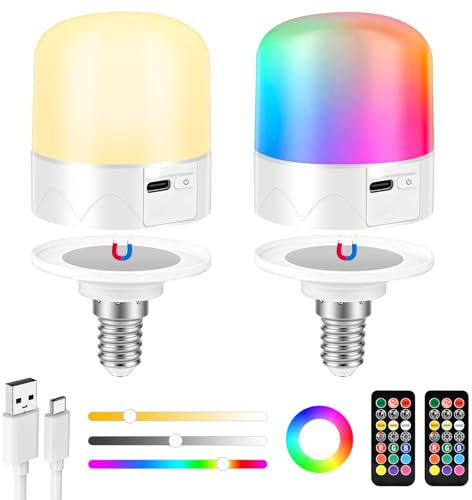 GuKKK E14 Bombilla Recargable USB con Mando, 2 PACK RGB Bombilla LED Regulable, 5W Portátiles Recargable con Función De Temporización, 2000 Mah Luz de Emergencia Acampar con Gancho