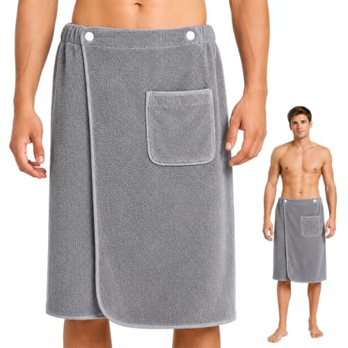 Toalla Sauna para Hombre,Toalla de baño con Bolsillo para Sauna Fitness | Toalla para hombre elástica y ajustable, ideal para gimnasio, de secado rápido, apta para ducha, sauna, piscina, playa, gris