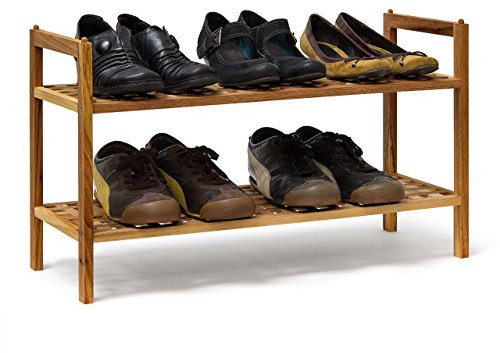 Relaxdays Schuhregal Walnuss stapelbar H x B x T: 40,5 x 69 x 26 cm Schuhablage mit 2 Ablagen für ca. 6 Paar Schuhe Holz Schuhrschrank zum aufeinander stellen aus Nuss, natur braun