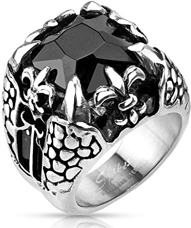 UrbanBijoux Bague Homme Acier Pierre Noir Onyx Fleur DE LYS GRIFFRE Dragon Gothique