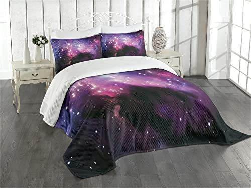 ABAKUHAUS Platz Tagesdecke Set, Nebula Cosmos Bild, Set mit Kissenbezügen Klare Farben, für Doppelbetten 220 x 220 cm,Lila Blau