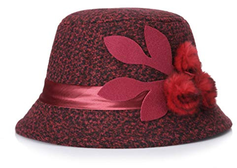Ulalaza Vintage Glockenhut mit Blume, faltbar, Filz-Hut Gr. Einheitsgröße, 3-Rot 1