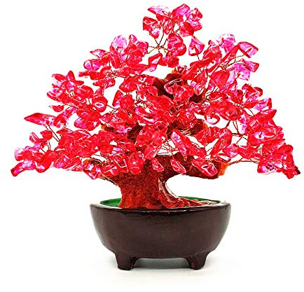 Colorsheng 7 Inch Quartz Crystal Money Tree Bonsai Feng Shui Gem Decoration for Wealth and Luck (Red)