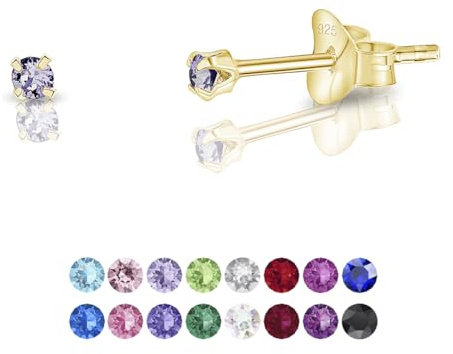 Pendientes de Botón Plata Ley 925 Chapados Oro 24K on Cristales Brillantes Multicolor - Pendientes Pequeños Oro para Mujer - Punto de Luz Hipoalergénicos - Diámetro 2 mm
