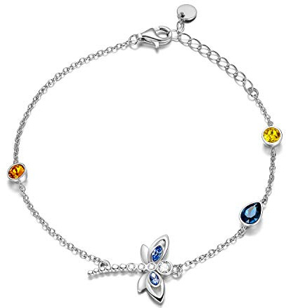 AOBOCO Libelle Fußkettchen Sterling Silber 925 Damen Verstellbare Fusskettchen mit Kristallen 27 cm