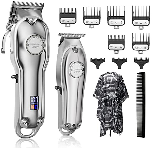 SUPRENT Professional Hair Clippers Men, Barber kit Cordless Hair Cutting Men's Clipper Set & T-Blade Trimmer Kit, Rechargeable Zero Gap Trimmers for Barbers(Silver)