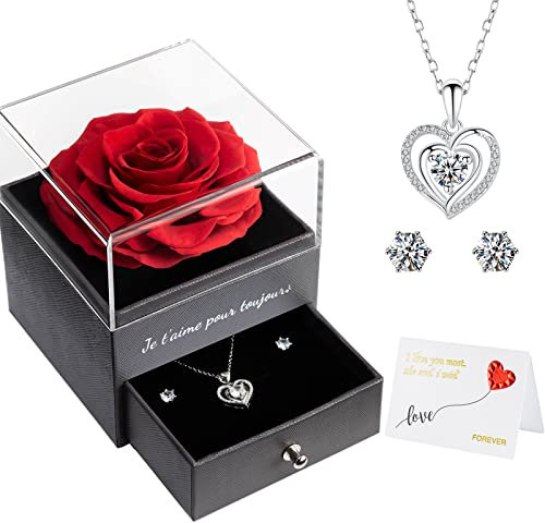Miofula Rose Eternelle Coffret Cadeau Femme, Rose Éternelle avec Argent 925 Collier Boucles d'oreilles Bijoux Cadeau Anniversaire Femme Maman, Fleur Eternelle Cadeau Noel Saint Valentin Fete des Meres