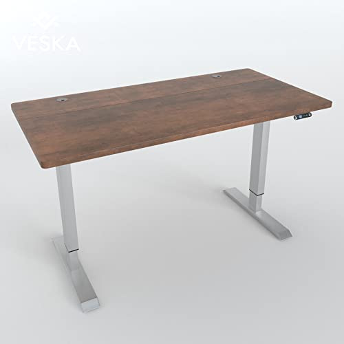 VESKA Höhenverstellbarer Schreibtisch (140 x 70 cm) - Sitz- & Stehpult - Bürotisch Elektrisch Höhenverstellbar mit Touchscreen & Stahlfüßen (Silber/Antik)