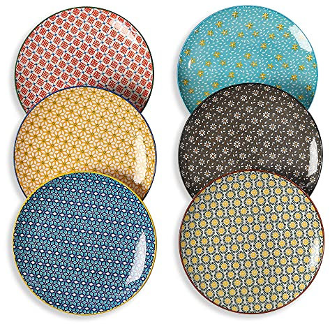 Juego de Platos Llanos Colores - Set de Platos Planos Ceramica para 6 personas - Plato Llano Grande de Cocina 25 cm - Platos Vajilla de Porcelana Vintage Diseño - Apto para Microondas y Lavavajillas
