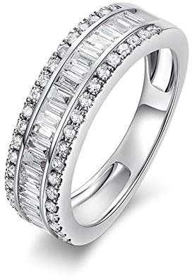 Gualiy Gold 18 Karat Ring, Verlobungsring Weissgold Damen mit Baguette und Rund Diamant 0.516 Carat Verlobung Ring Damen Größe 60 (19.1)