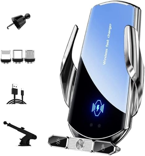 Trådlös telefonhållare för bil, snabbladdning, 15 W, smart automatisk montering, luftgaller, trådlös laddning, magnetiskt huvud, USB-laddning inkl