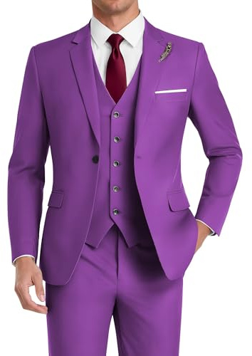 HUUTOE Costume 3 pièces élégant pour mariage, bal de fin d'année, affaires, blazer à un bouton, veste gilet et pantalon, smoking, pour homme, personnalisable, violet, Taille L