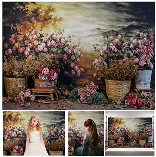 WaW 2.7x1.8m Fotografie Hintergrund Braun Ölgemälde Blumen Herbst für Fotostudios, Vintage Fotohintergrund Stoff für Newborn Baby Kinder Fotoshooting, Fotobox Hintergrund Geburtstag Hochzeit