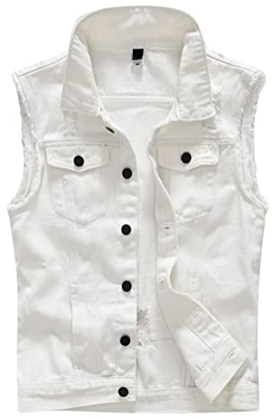 Oanviso Gilet in Denim da Uomo Senza Maniche Vintage Strappato Gilet in Jean Polsini Sfilacciati Gilet Casual Gilet da Cowboy Punk Gilet Confortevole Traspirante All'aperto Gilet H Bianco M