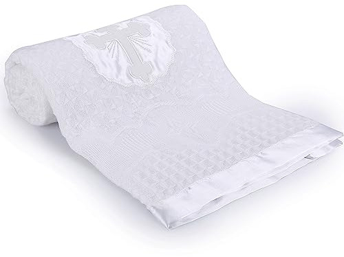 Booulfi Babydecke Weiße Taufe Kuscheldecke Kinderdecke, Neugeborenen Jungen Babydecke Mädchen Kreuzstickerei mit My Baptism Day, warme Herbst Winter