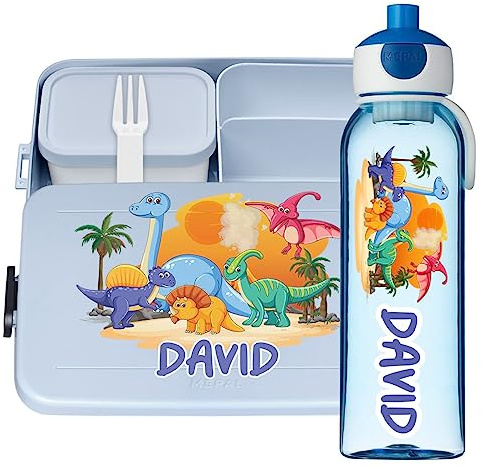 Ferocity Lunchbox Set für Kinder Mädchen zur Schule Personalisiert mit Namen Brotdose Wasserflasche Trinkflasche BPA frei Essen für Unterwegs mit Gabel und Bento Fach To Go Dinosaurs [153]
