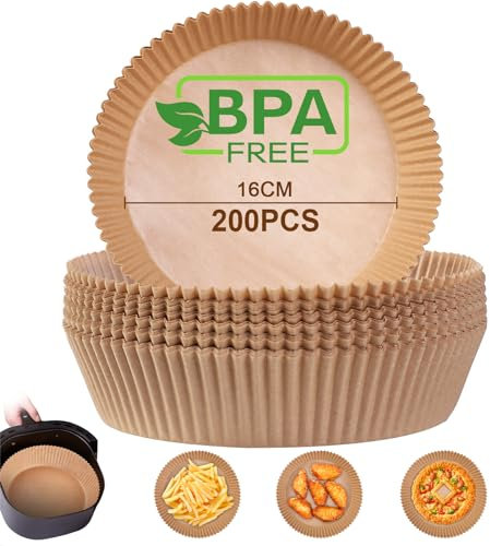 AiQInu Carta Forno per Friggitrice ad Aria,200 Pezzi 16-20 cm Carta Pergamena Rotondo Food-Grade BPA Free, Antiaderente Carta per Friggitrice ad Aria Facile da Pulire per 3-4.5L Friggitrice ad Aria
