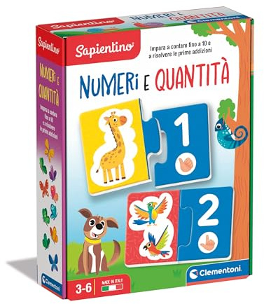 Clementoni - Sapientino Quantität-Illustrierte Karten, Karten zum Paaren, Flashcards Zahlen und Tiere, Lernspiel 3 Jahre, Steckpuzzle, Italienisch, Made in Italy, Mehrfarbig, 16470