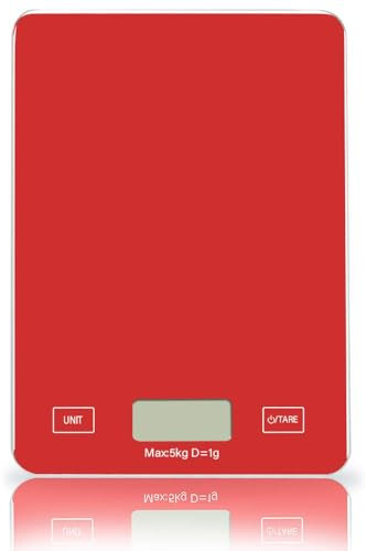 Digital Kitchen Scale - Food Weighing Scale Gadgets with Tempered Glass Platform, Backlit LCD, Portable Design - Batteries Included - Ideal for Baking, Cooking - 11lb/5kg Capacity (Red)