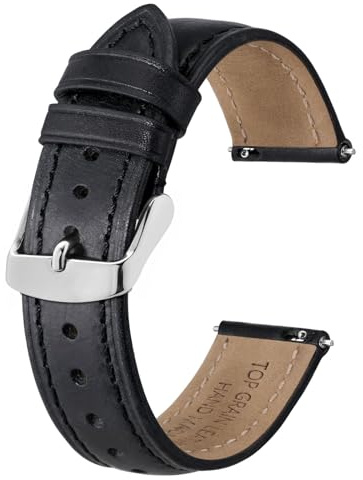 BISONSTRAP Rétro Bracelets de Montre en Cuir pour Homme, Bracelet de Rechange en Cuir de Veau Ciré à L'huile, Dégagement Rapide, 19mm, Noir (Boucle Argentée)