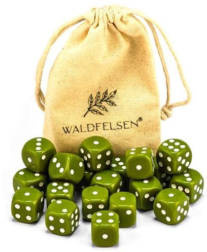 Waldfelsen® Högkvalitativa tärningar, 6, 12, 20, 30 eller 50 stycken, i standardstorlek: 16 mm, 6-sidiga akryltärningar, speltillbehör, i set med tygpåse (oliv, 20 stycken)