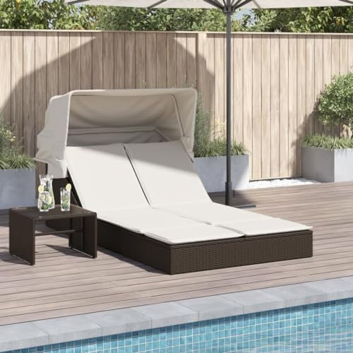 Keyroto Doppelliege mit Baldachin und braunen Kissen aus Polyrattan, Gartenliegen, Strandliegen, Gartenliege, Strandliege, Gartenliege, Sonnenliege