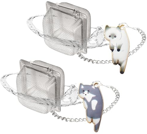 PUSCOBSY Cat Tea Infuser Set, 2 PCS Cube Tea Strainer for Loose Tea, Cute Cat Charm Pendant Tea Steeper, Stainless Steel Mesh Tea Diffuser for Extraction (White & Gray)