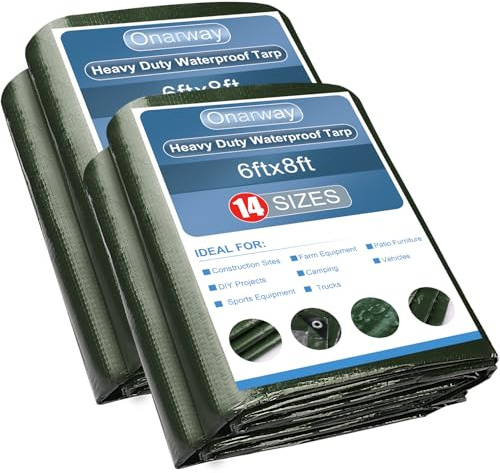 Onarway Poly Tarps Waterproof for Outdoor: Green Tarpaulin 6Mil Thicken 6x8 Ft 2Packs- Anti-UV Waterproof Tarp Cover with Grommets Multipurpose for Boat Pool Roof Camping