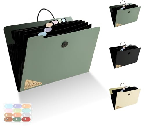 Elezeal Expanding File Organiser - 13 Pocket Accordion Document Holder Bag Organiser with Elastic Closure A4 Expanding File Folder for Paperwork, Receipts, Invoices, Bills, Documents(Green)