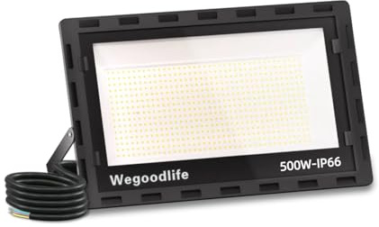 Wegoodlife 500W LED Strahler Außen, Superhell 50000LM Scheinwerfer, 3000K Warmweiß Außenstrahler, IP66 Wasserdicht LED Fluter Flutlicht, 50cm Kabel kein Stecker, Außenleuchte für Garage Hinterhof Flur