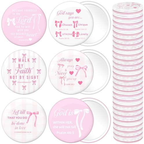 Namalu Mini-Taschenspiegel mit rosa Schleife, 48 Stück, für Brustkrebs-Bewusstsein, inspirierende, christliche Geschenke, Großpackung für Frauen, tragbarer runder Make-up-Spiegel, Kirche, religiöse