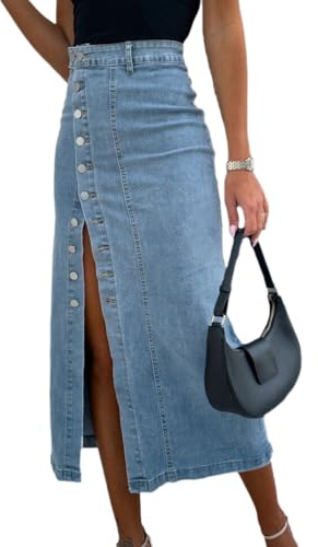 seiveini Jupe Jeans Femme Longue Moulante Jupes Crayon en Denim avec Boutonné Élégant Taille Haute Skirts Vintage Décontracté A Bleu Clair M