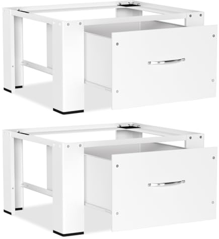 Herrselsam 2 armarios universales para lavadoras con cajón, 62 x 54 x 32 cm, pedestal para lavadora y secadora, revestimiento de goma que reduce el ruido, ideal para lavadora, secadora, color blanco