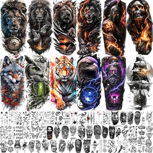 72 Sheets Skull Temporary Tattoos For Men Women, Halloween Half Arm Sleeve Tattoo Stickers Zeus Eagle Tiger Ship Lion, Watercolor Temp Gothic Waterproof Fake Tattoos Adults Flower Skeleton Compass