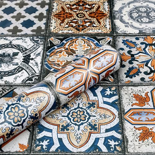 ReWallpaper Boho Tapete Selbstklebend Fliesenoptik Blau Grau Möbelfolie Fliesen Bunt für Küchenrückwand 44.5CMx3M Vintage Schrankfolien Selbstklebend Wandtapete Badezimmer Wasserfest