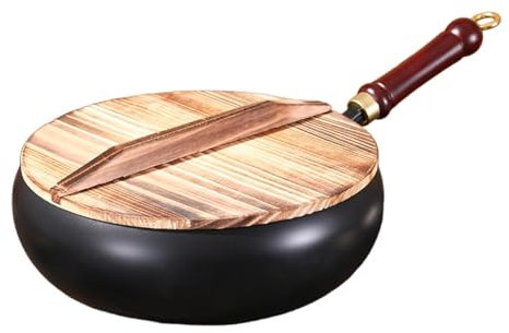 Pitycbo Non-Stick Wok Cooking Pot, No Coating, Wooden Handle, Multi-Purpose Cookware, Manual Wrought Iron Pan for Restaurant, Home, Camping, Wood lid