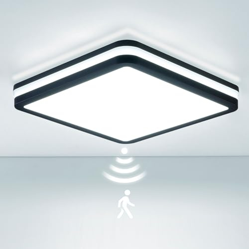 LEZOE LED Deckenleuchte mit Bewegungsmelder IP65 Wasserdicht, 24W/30W 4500lm 150(Lm/W) Sensor Radar Deckenlampe 3000K/4000K/6500K Ideal für Bad, Feuchtraum, Garage, Keller, Flur, Balkon, Diele 26x26cm